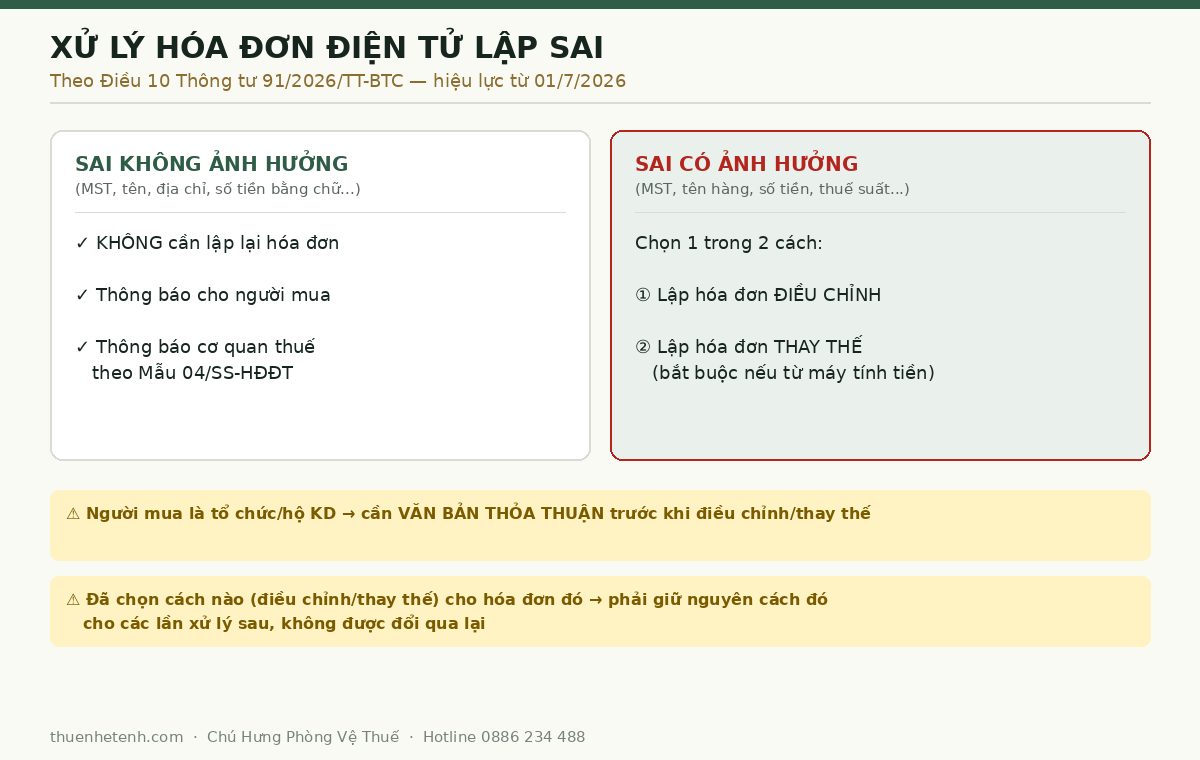 Sơ đồ xử lý hóa đơn điện tử lập sai theo Điều 10 Thông tư 91/2026/TT-BTC